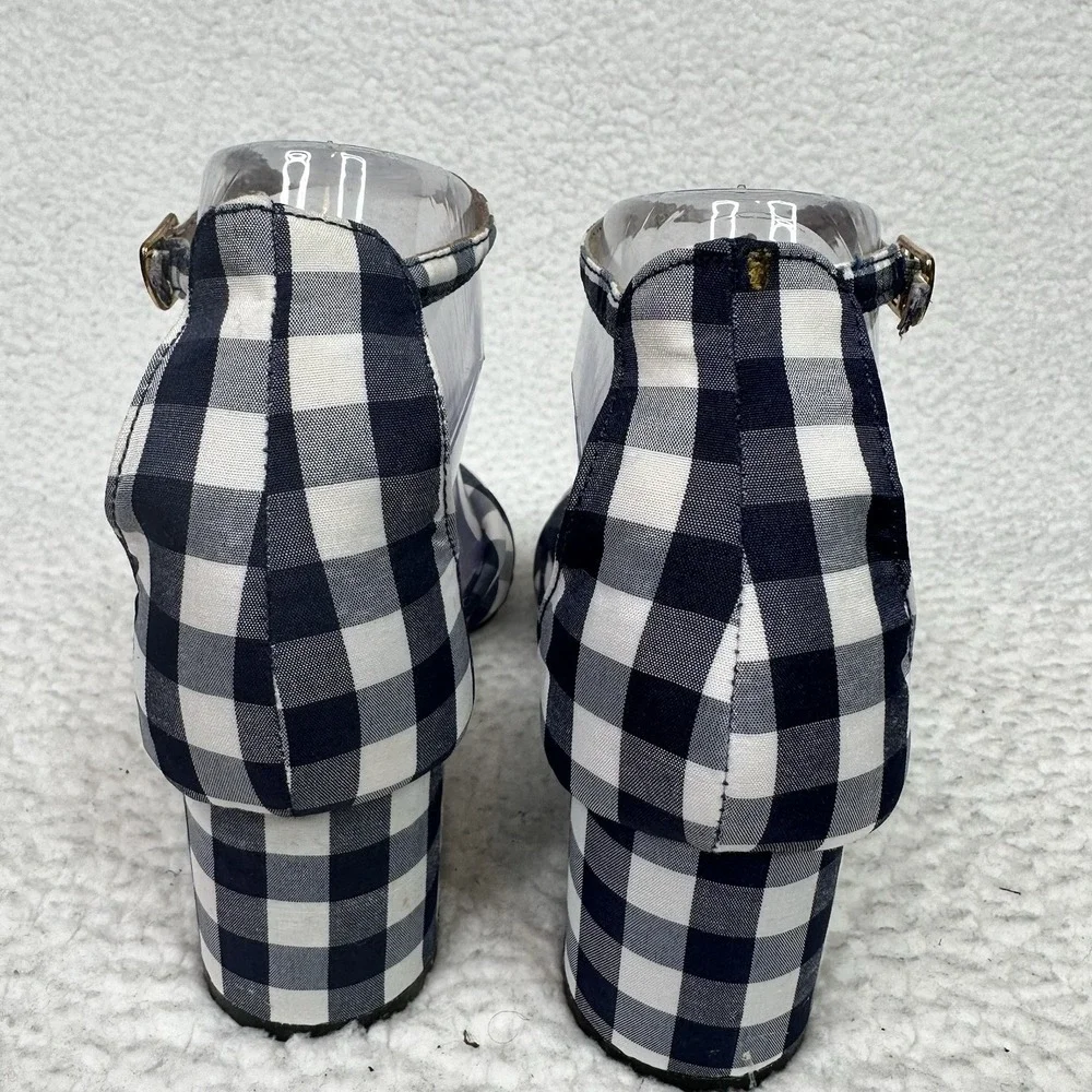 Betsey Johnson Ivee Gingham Bow Block Heel Sandals Navy White Size 7 Ankle Strap - Picture 4 of 10